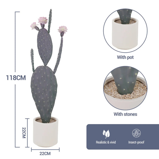 118cm Tall Faux Cactus in Planter, Fake Plant with Realistic Flowers, Artificial Cactus Indoor Outdoor for Home Office decor