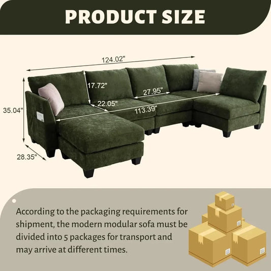 124" Modular Sectional Sofa, U-Shaped 6 Seater Sectional Sofa with Storage Ottoman & USB Ports, Large Cloud Couch Customized