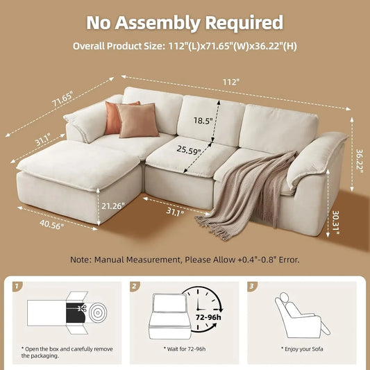 112" Cloud Couch Sectional with Padded Armrests & Moveable Ottoman Boneless Sectional Couches for Living Room White, Customized