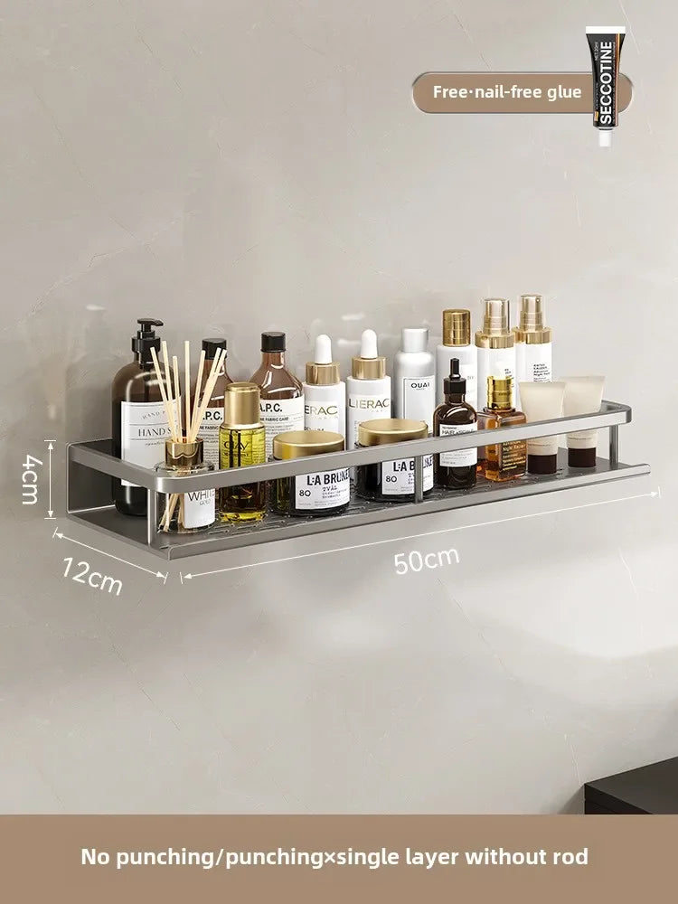 Bathroom storage rack, non perforated washbasin, hand washing and shower area, shower gel wall storage rack