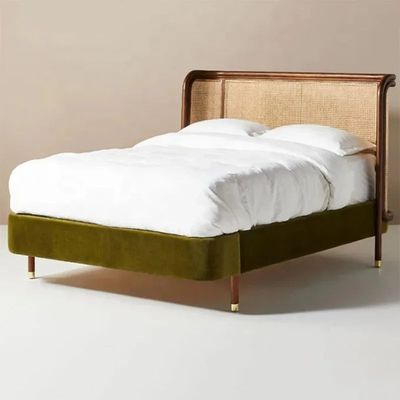 High Quality modern hotel bedroom furniture wooden rattan double queen king size beds