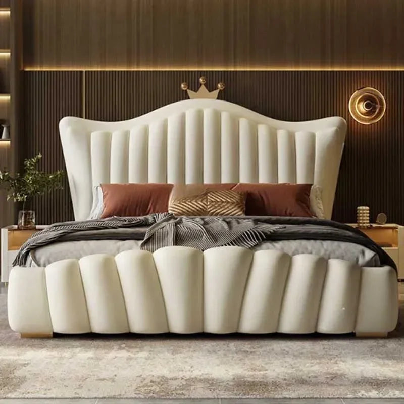 Leather European Double Bed Frame Simple Comferter Bedroom Queen Bed Modern Princess Wood Le Lit Pour 2 Personnes Furniture Home