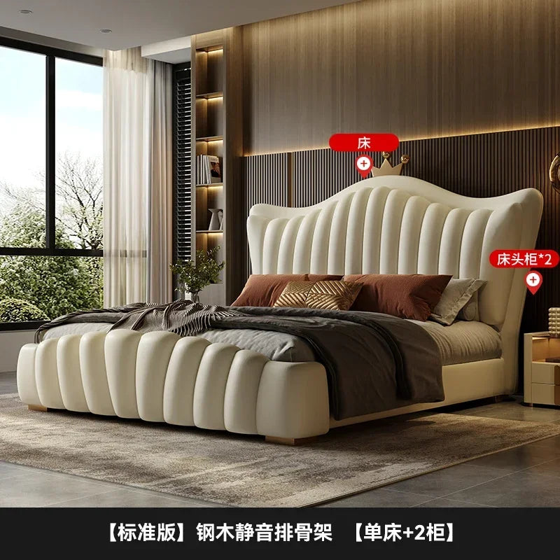 Leather European Double Bed Frame Simple Comferter Bedroom Queen Bed Modern Princess Wood Le Lit Pour 2 Personnes Furniture Home