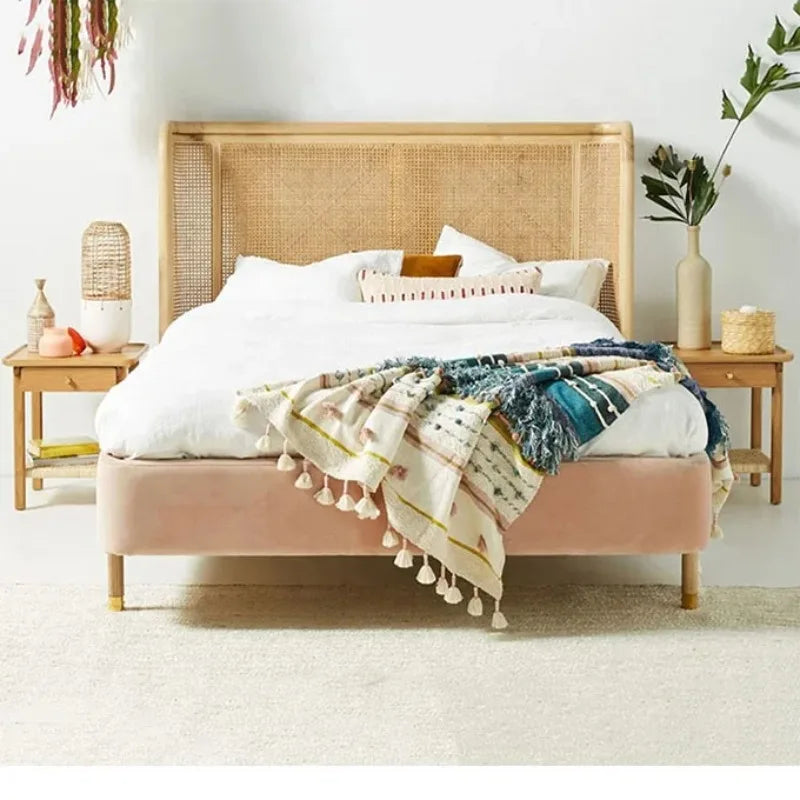 High Quality modern hotel bedroom furniture wooden rattan double queen king size beds