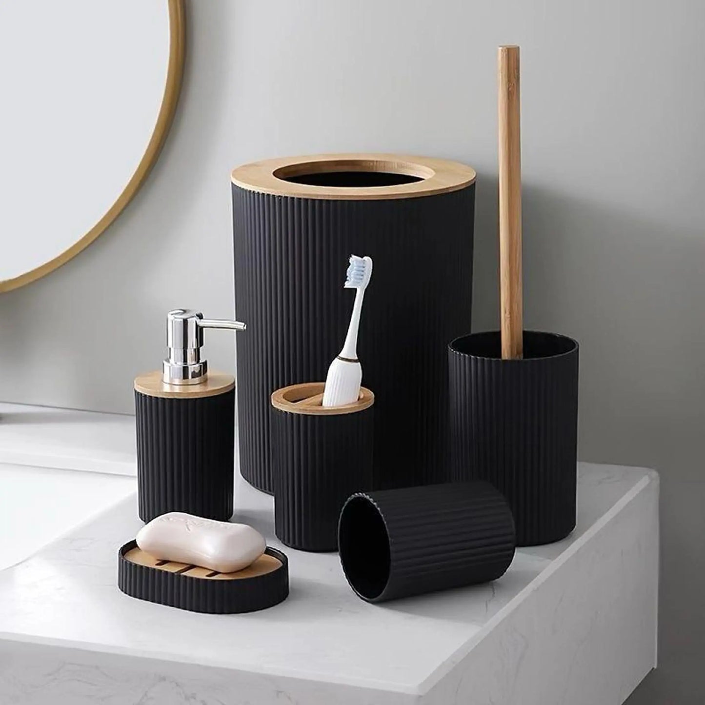 Modern Bathroom Essentials Set/Includes Toothbrush Holder, Waste Bin, Toilet Brush, Cup, Soap Dish and Soap Dispenser