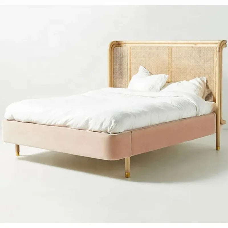 High Quality modern hotel bedroom furniture wooden rattan double queen king size beds