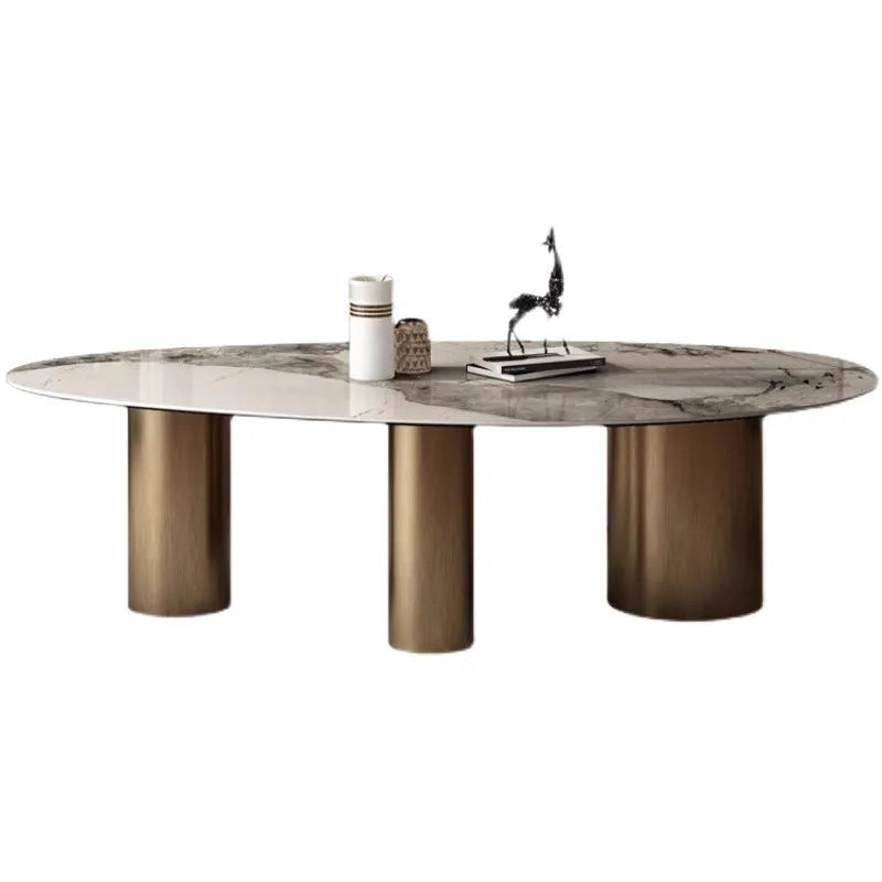 Italian Luxury Stainless Steel Dining Table, Oval Imported Stone Tabletop, Trending Villa Home Design, Corrosion/Heat/Easy-Clean