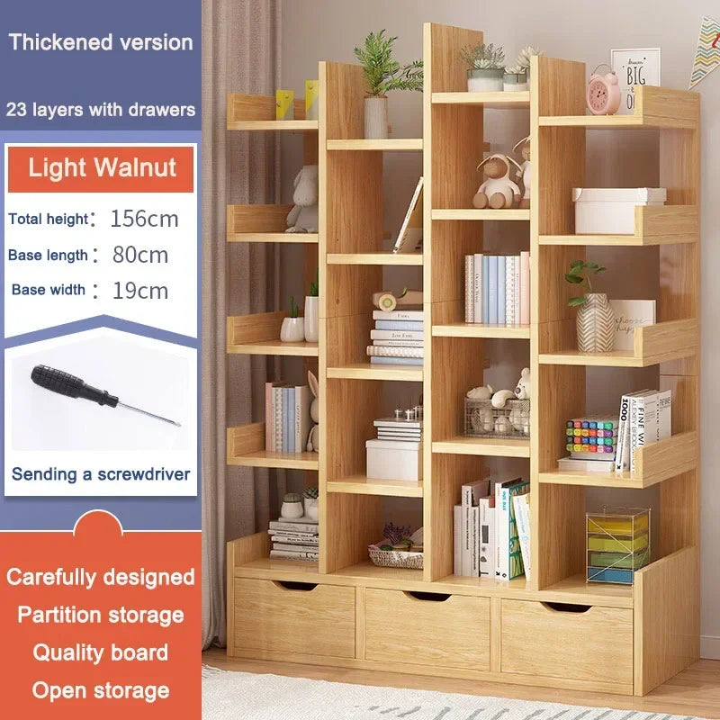 Living Room Bookshelf Multi-Level Floor Standing Storage Rack Office Display Cabinet Bookcase With Drawers Study Books Storage