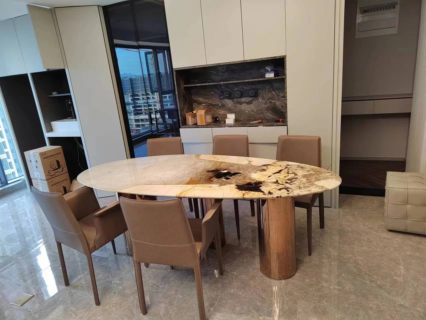 Italian Luxury Stainless Steel Dining Table, Oval Imported Stone Tabletop, Trending Villa Home Design, Corrosion/Heat/Easy-Clean