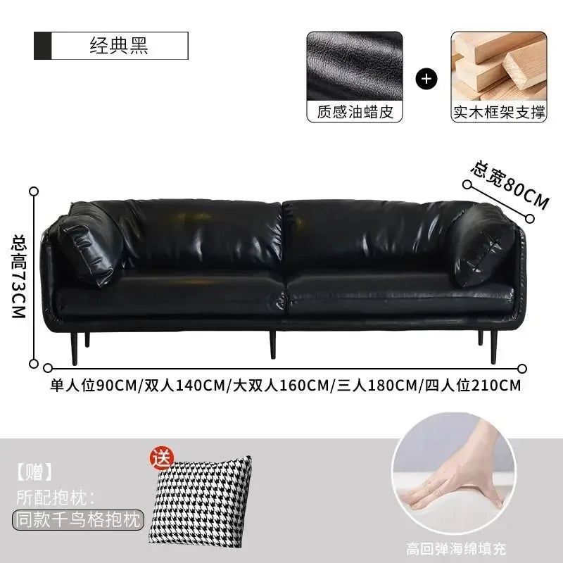 Leather Sofa Living Room Italian Minimalist Office Reception Retro Oil Wax Leather Black Straight Row Small Apartment Three-pers