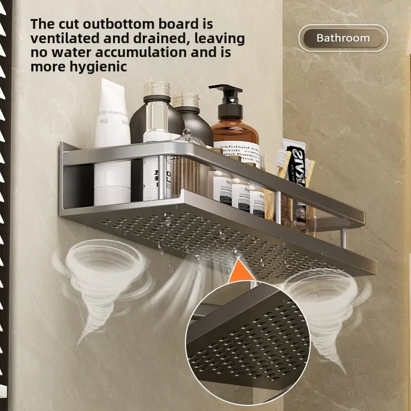 Bathroom storage rack, non perforated washbasin, hand washing and shower area, shower gel wall storage rack