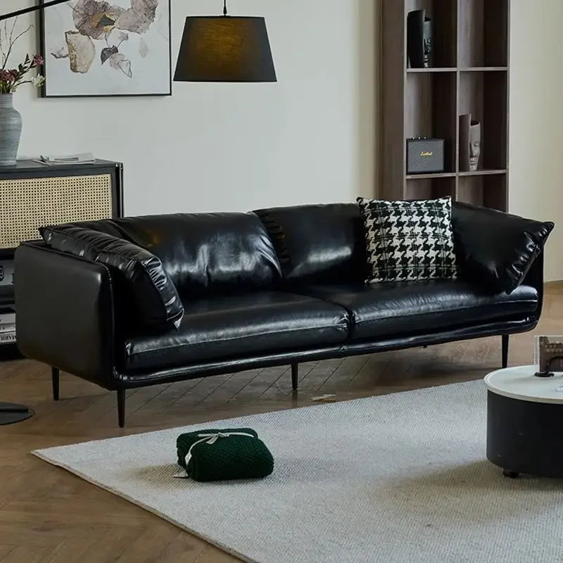 Leather Sofa Living Room Italian Minimalist Office Reception Retro Oil Wax Leather Black Straight Row Small Apartment Three-pers
