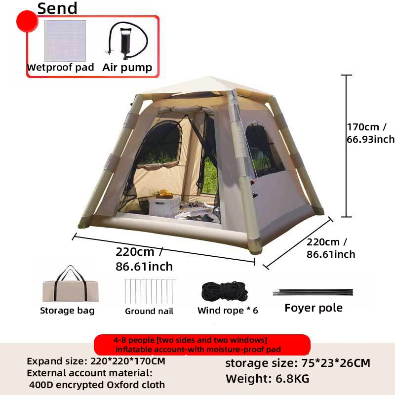 Large Air Tent 5-8 Person Camping Park Tent Family Hiking Trip Suitable Portable Shelter with Inflatable Frame