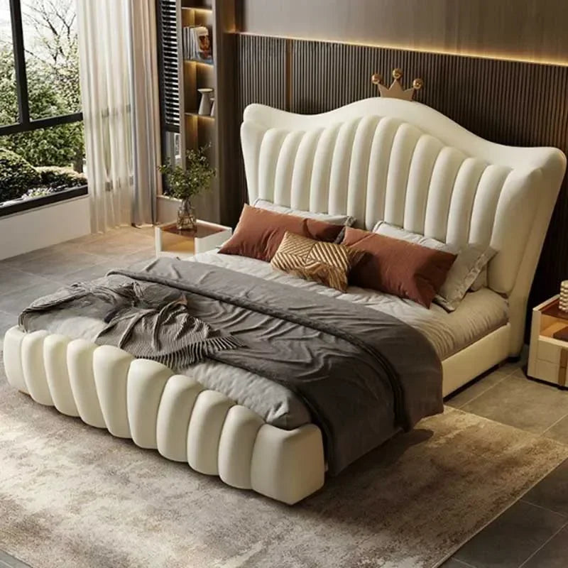 Leather European Double Bed Frame Simple Comferter Bedroom Queen Bed Modern Princess Wood Le Lit Pour 2 Personnes Furniture Home