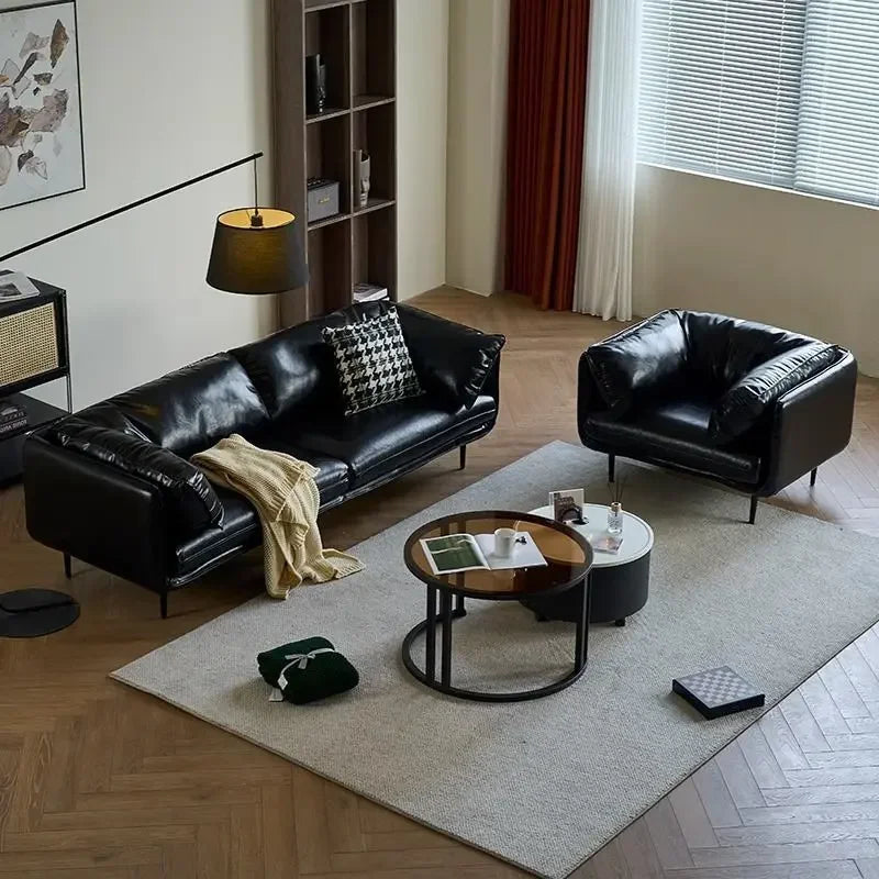Leather Sofa Living Room Italian Minimalist Office Reception Retro Oil Wax Leather Black Straight Row Small Apartment Three-pers