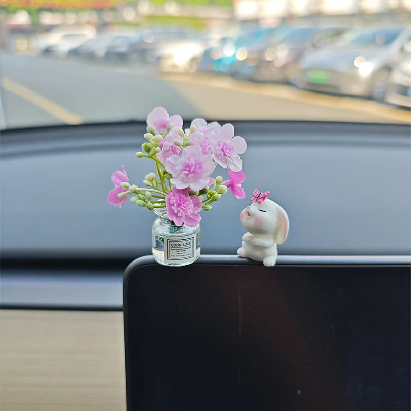 Spring Car Interior Decor - Adorable Resin Dashboard Vase, Mini Cute Window Sill Flower Pot with Car Healing Doll Ornaments