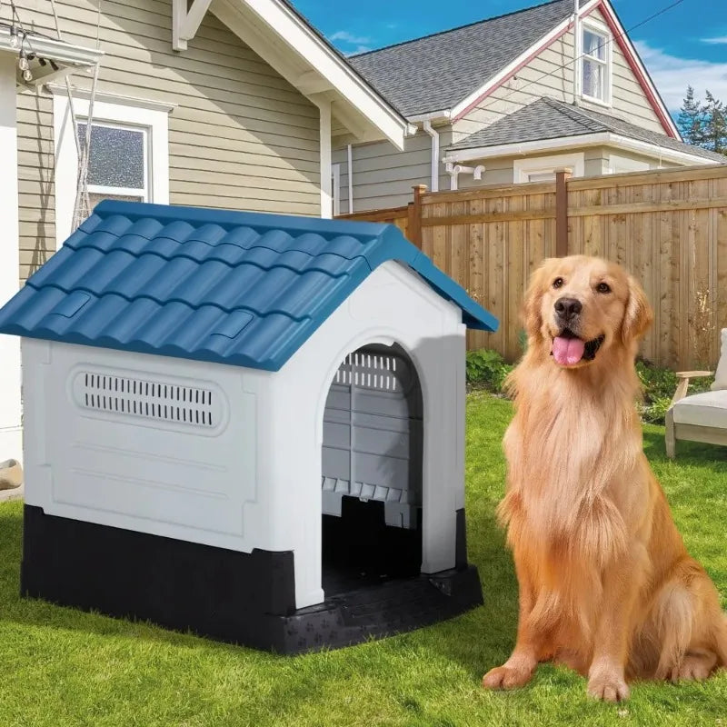 Large Plastic Dog House, Indoor Outdoor Doghouse Pet House with Air Vents and Elevated Floor