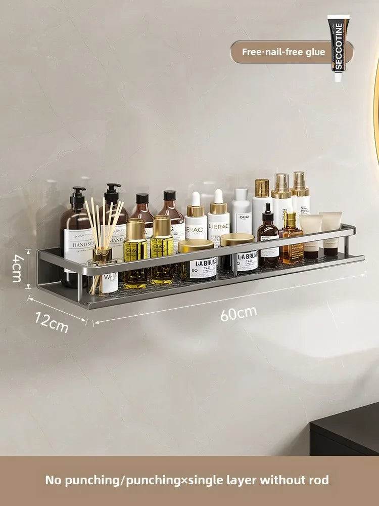 Bathroom storage rack, non perforated washbasin, hand washing and shower area, shower gel wall storage rack