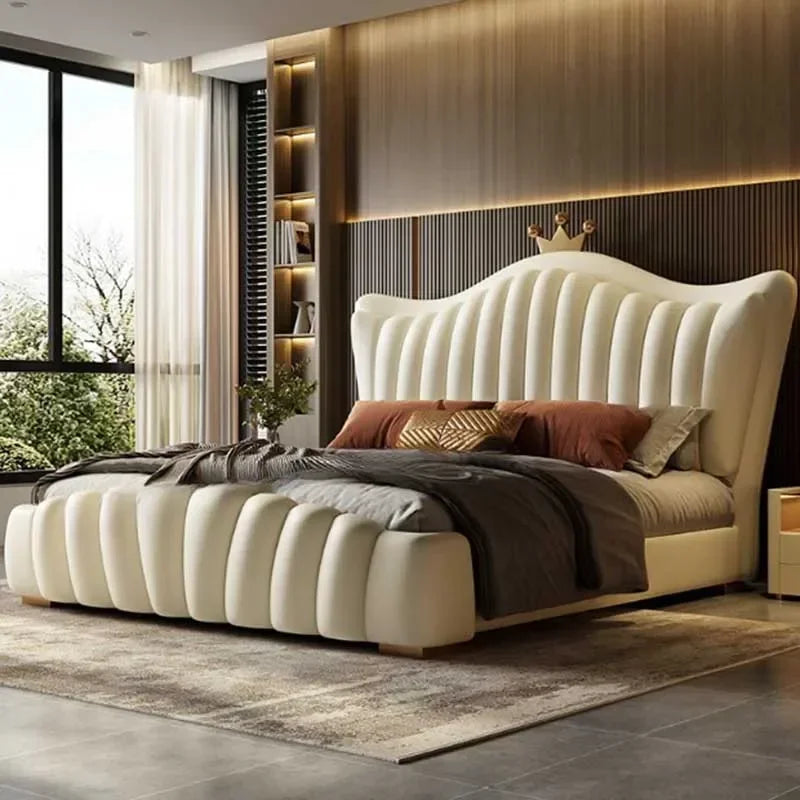 Leather European Double Bed Frame Simple Comferter Bedroom Queen Bed Modern Princess Wood Le Lit Pour 2 Personnes Furniture Home