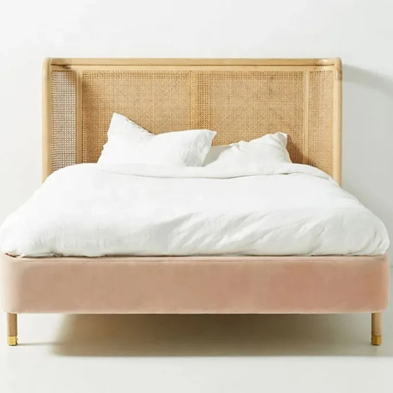 High Quality modern hotel bedroom furniture wooden rattan double queen king size beds