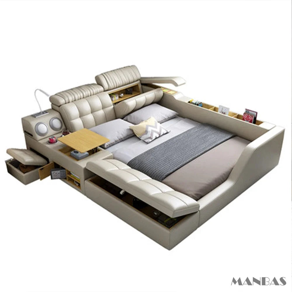 Modern Multi-Functional Tech Smart Bed with Storage, Speakers, USB, Bookshelves, and Tatami – Luxury King/Queen Ultimate Bed