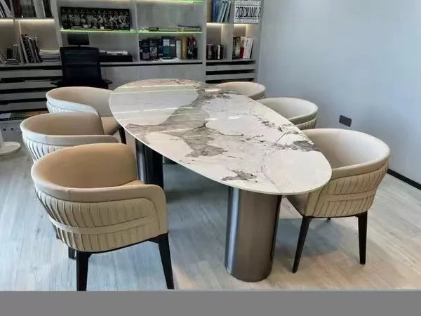 Italian Luxury Stainless Steel Dining Table, Oval Imported Stone Tabletop, Trending Villa Home Design, Corrosion/Heat/Easy-Clean