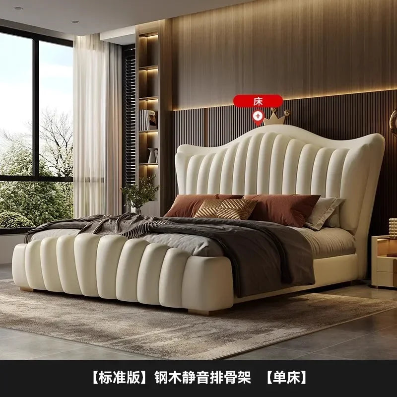 Leather European Double Bed Frame Simple Comferter Bedroom Queen Bed Modern Princess Wood Le Lit Pour 2 Personnes Furniture Home