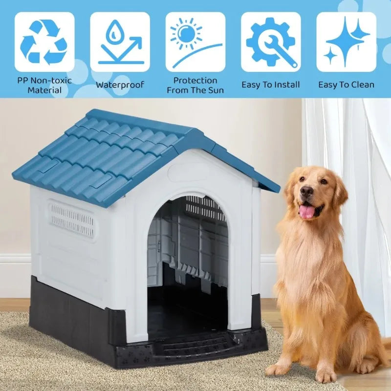 Large Plastic Dog House, Indoor Outdoor Doghouse Pet House with Air Vents and Elevated Floor