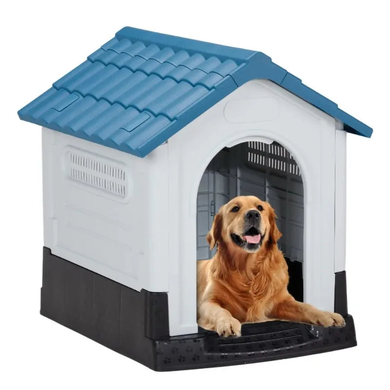 Large Plastic Dog House, Indoor Outdoor Doghouse Pet House with Air Vents and Elevated Floor