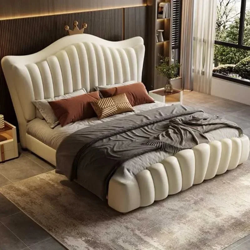 Leather European Double Bed Frame Simple Comferter Bedroom Queen Bed Modern Princess Wood Le Lit Pour 2 Personnes Furniture Home