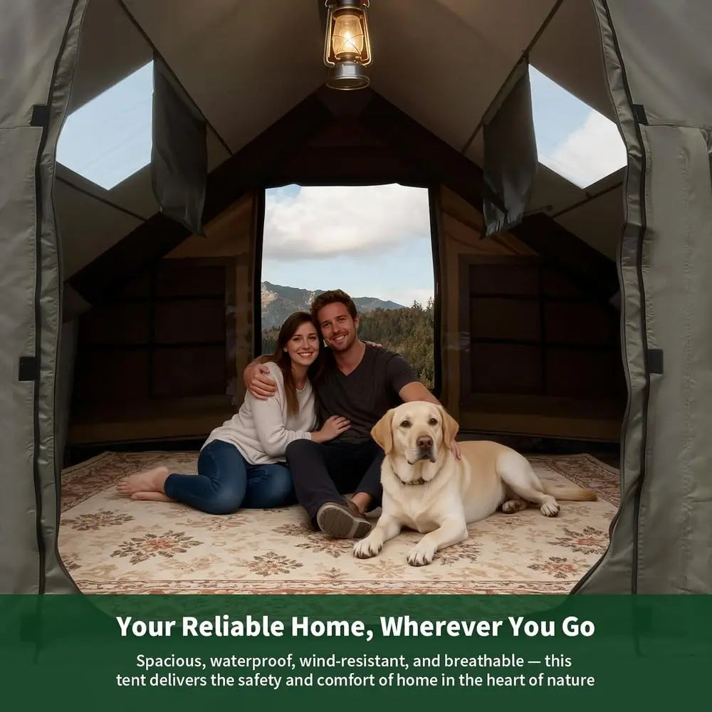 Quick Setup Luxury Camping Tent with Stove Jack for 2-4 People, Weather-Resistant 600D Fabric, Double Doors & Mosquito Net Windo