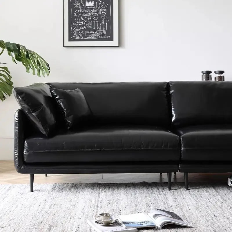 Leather Sofa Living Room Italian Minimalist Office Reception Retro Oil Wax Leather Black Straight Row Small Apartment Three-pers