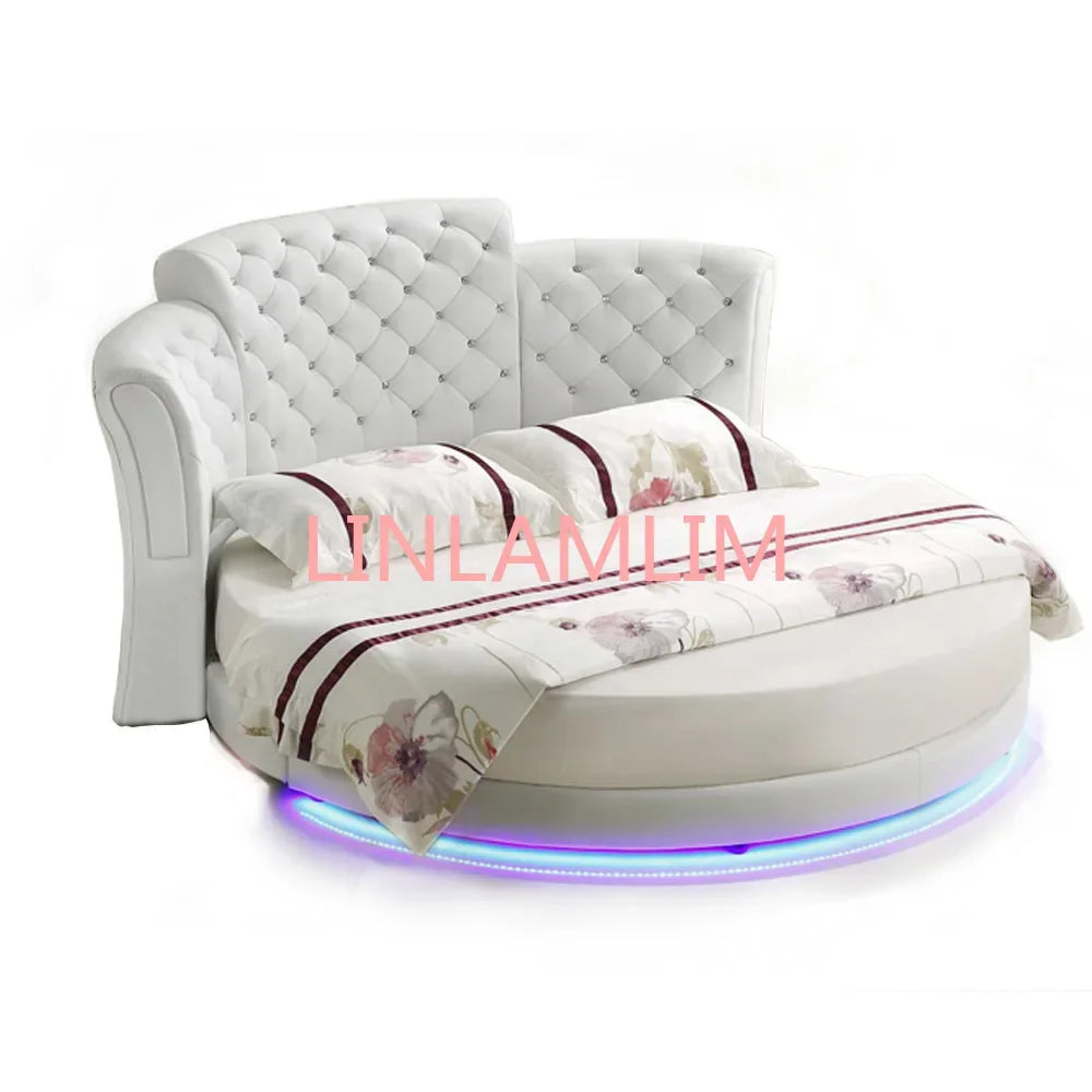 Smart bed frame camas bedroom кровать двуспальная lit beds سرير  muebles de dormitorio мебель LED light round genuine leather