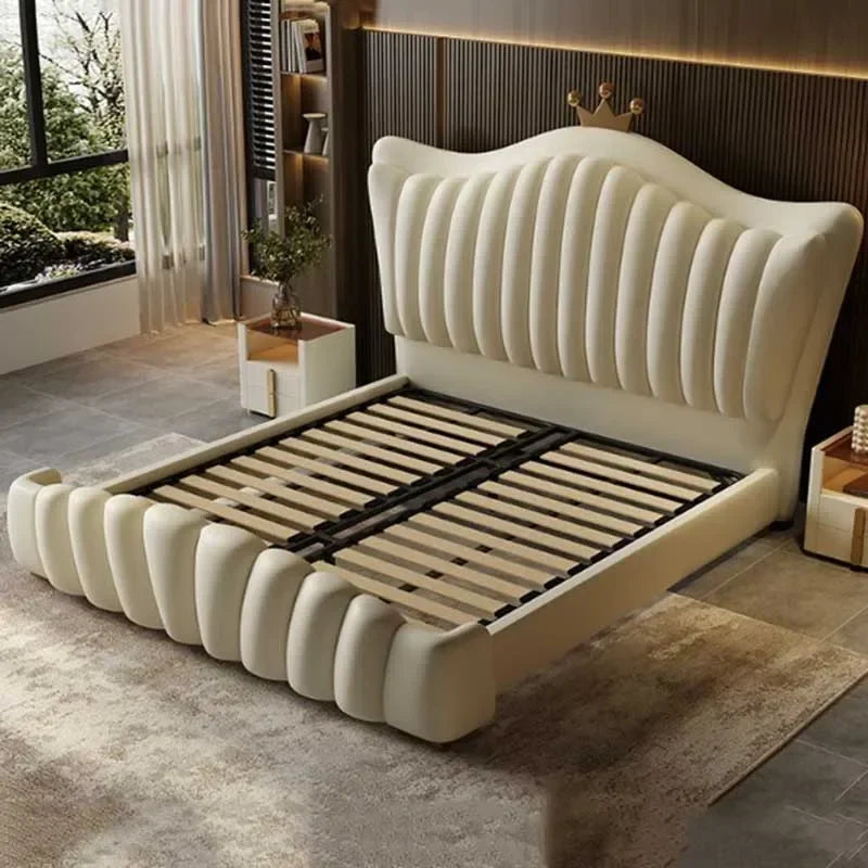 Leather European Double Bed Frame Simple Comferter Bedroom Queen Bed Modern Princess Wood Le Lit Pour 2 Personnes Furniture Home