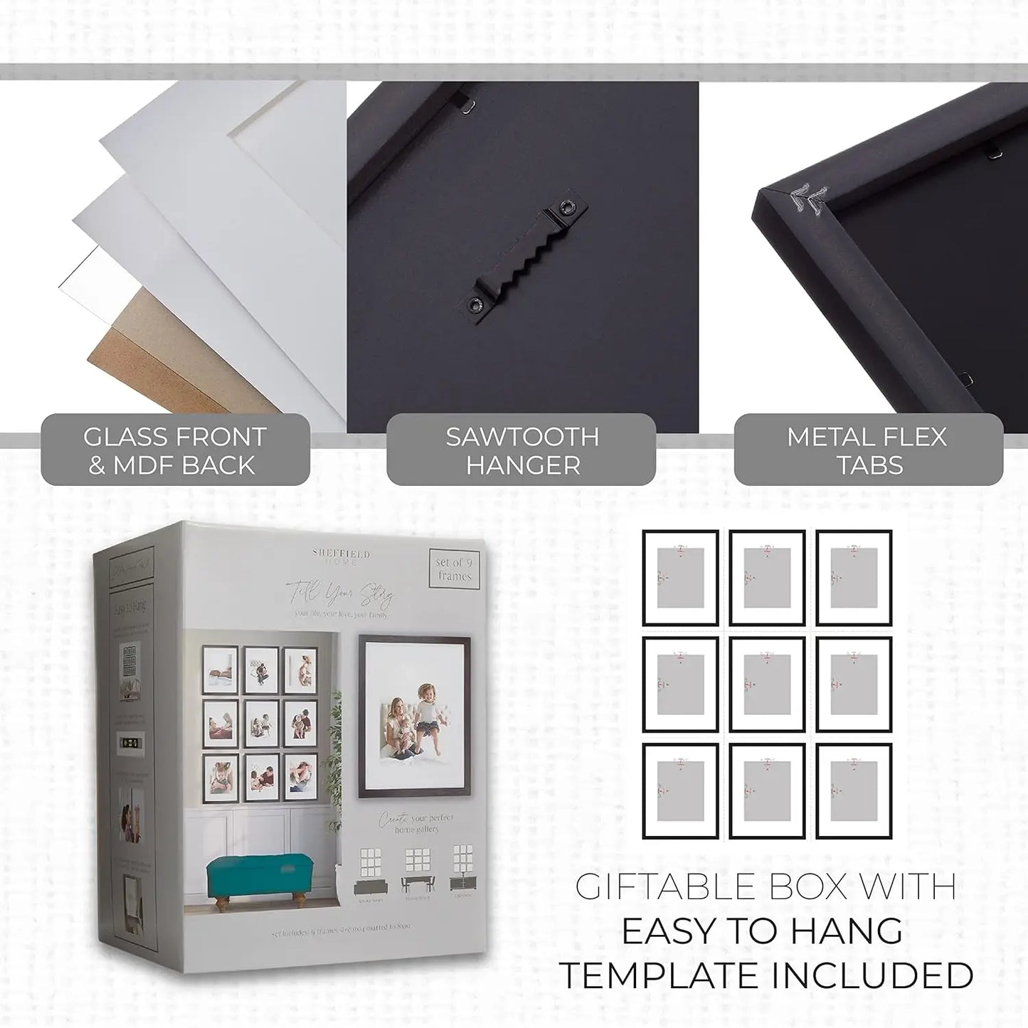 9-Piece Gallery Wall Frame Set, 11x14 in. to 8x10 in., Matte Black - Easy Hang Template, Modern Home Decor
