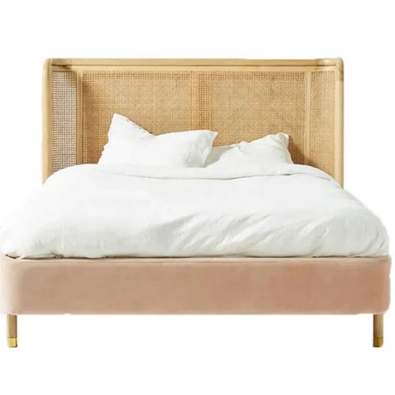 High Quality modern hotel bedroom furniture wooden rattan double queen king size beds