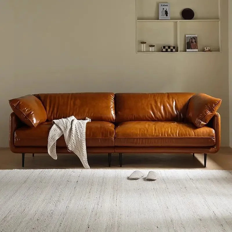 Leather Sofa Living Room Italian Minimalist Office Reception Retro Oil Wax Leather Black Straight Row Small Apartment Three-pers