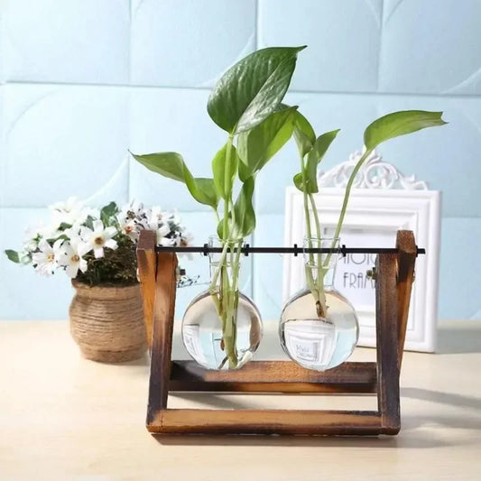 Hydroponic Plant Vases Glass Vase Vintage Bonsai Flower Pot Terrarium Tabletop Tray Wooden Frame Home Decor