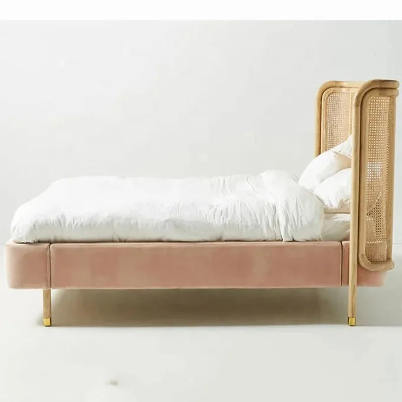 High Quality modern hotel bedroom furniture wooden rattan double queen king size beds