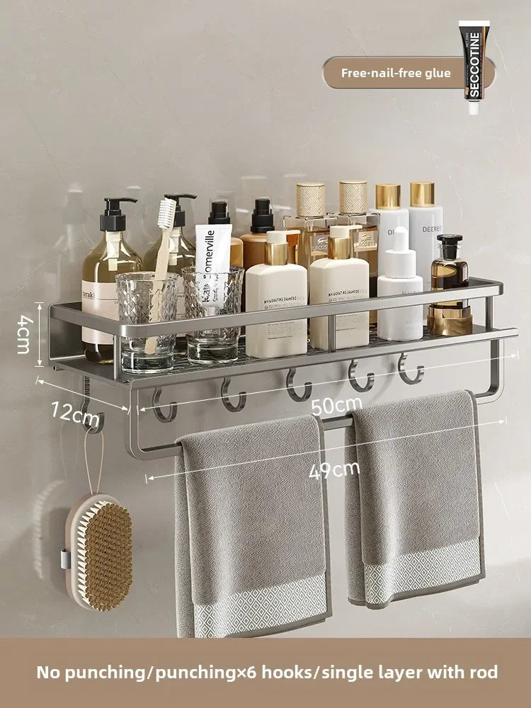 Bathroom storage rack, non perforated washbasin, hand washing and shower area, shower gel wall storage rack