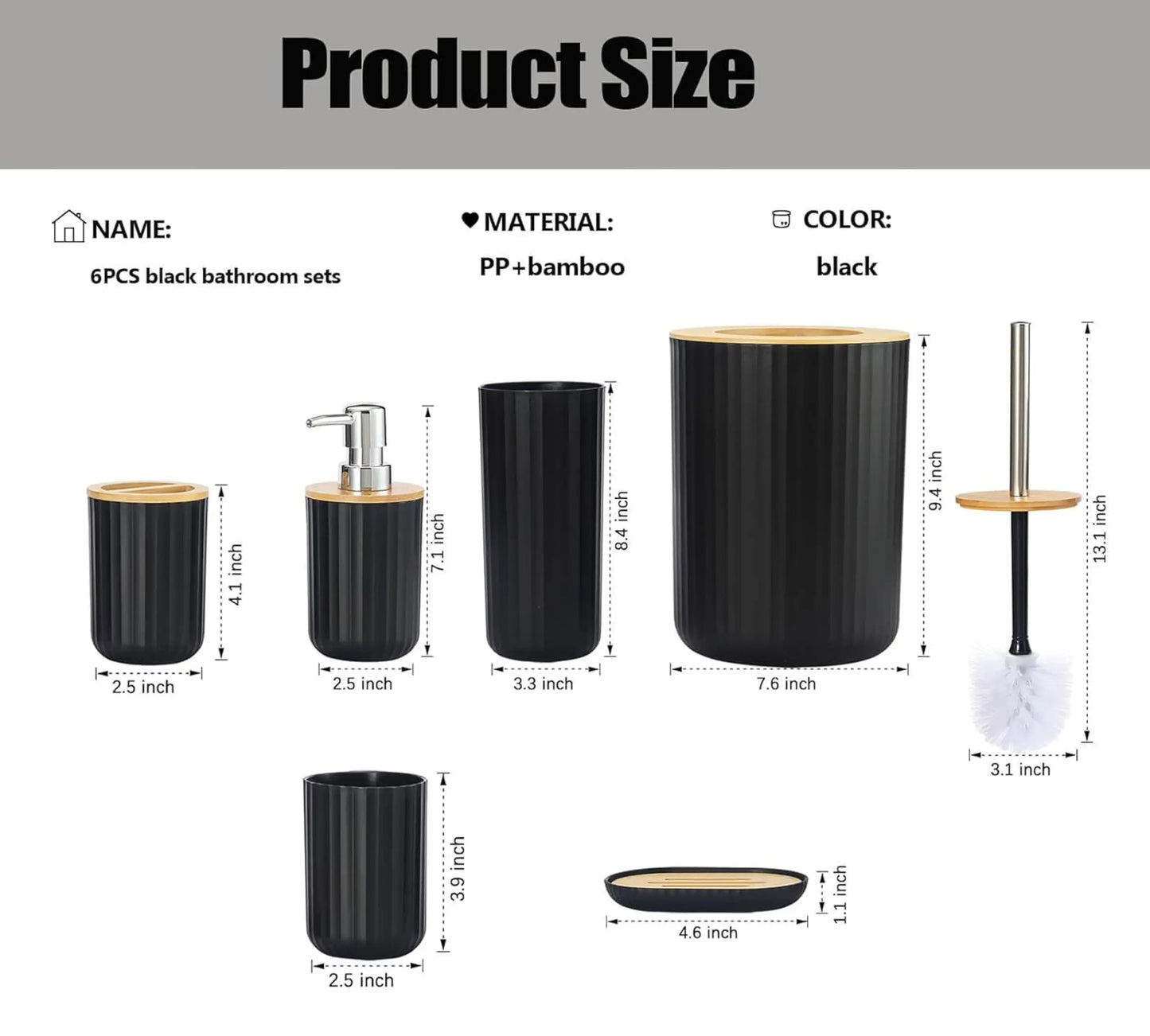 Modern Bathroom Essentials Set/Includes Toothbrush Holder, Waste Bin, Toilet Brush, Cup, Soap Dish and Soap Dispenser