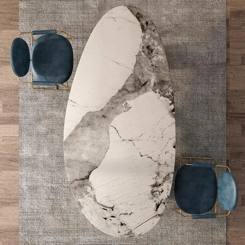 Italian Luxury Stainless Steel Dining Table, Oval Imported Stone Tabletop, Trending Villa Home Design, Corrosion/Heat/Easy-Clean